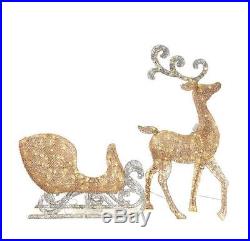 New 65 in. LED Gold Reindeer and 46 in. LED Lighted Gold Sleigh with Silver Bows