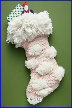 New Anthropologie Christmas Pom Pom Stocking Pink Knit