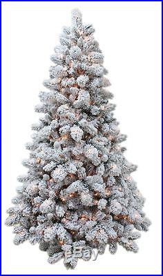 New Christmas Tree 7ft Prelit Warm White LED Lights Flocked Spruce Full Xmas