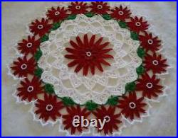 New Gift Holiday Christmas Handmade Crochet Red Bead Poinsettia Flower Doily