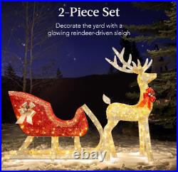New Lighted Christmas Reindeer and Sleigh Outdoor Decor Set with LED Lights