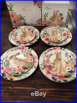 New Pottery Barn Flora Bunny Dinner Plates Salad Plates Footed Serve Bowl 9 Pc