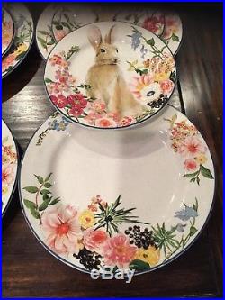 New Pottery Barn Flora Bunny Dinner Plates Salad Plates Footed Serve Bowl 9 Pc