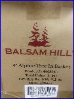 New in Box Balsam Hill 4' Alpine Tree in Basket Prelit with 75 Warm White LEDs