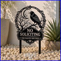 No Soliciting Raven Garden Stake, Gothic Moon Metal Yard Sign, Dark Cottagecore