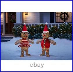 OUTDOOR GINGERBREAD MAN GIRL Christmas Yard Decoration White LED Lights Set of 2