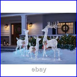 OUTDOOR REINDEER 3-Piece with LED Lights Christmas Yard Decoration White Red Bow
