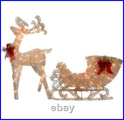 OUTDOOR REINDEER WITH SLEIGH White LED Christmas Yard Decoration Red Bow