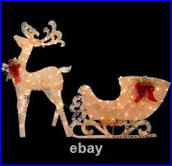 OUTDOOR REINDEER WITH SLEIGH White LED Christmas Yard Decoration Red Bow