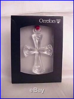 Orrefors Holly Days Clear CROSS Christmas Ornament New in box