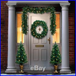 Outdoor Battery Pre-Lit LED Christmas Garland, Wreath and Potted Trees Bundle