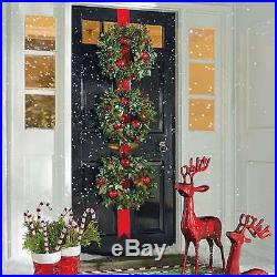 Outdoor Christmas Decoration Cordless Holly Berry Wreaths Ribbon LED Lights New
