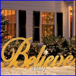 Outdoor Lighted Gold Believe Christmas Lawn Sign 6′ Pre Lit Holiday Decoration