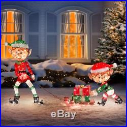 Outdoor Lighted Tinsel 3 Piece Christmas Elves Pulling Sleigh Display Yard Decor