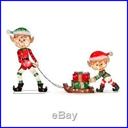 Outdoor Lighted Tinsel 3 Piece Christmas Elves Pulling Sleigh Display Yard Decor