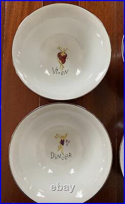 POTTERY BARN REINDEER Cereal Soup Bowls Set 4 Vixen Dasher Prancer Dancer JAPAN