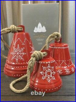 POTTERY BARN Red Holiday Bells Set Of 3 Nordic Snowflake NEW Christmas Decor