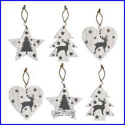 Pack of 6 Rustic Wood White & Grey Christmas Tree Pendants (Star, Heart & Tree)