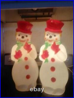 Pair Cute SNOWMAN Blow Mold Carolina 1973 Excellent With Lights 22 Tall