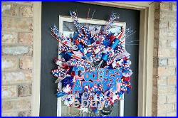 Patriotic 4th July Front Door Wreath God Bless America Memorial Day Summer Decor