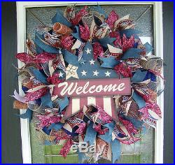 Patriotic 4th of July Deco Mesh Front Door Wreath, Welcome, Country Farmhouse