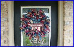 Patriotic 4th of July Deco Mesh Front Door Wreath, Welcome, Country Farmhouse