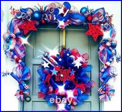 Patriotic 4th of July Wreath Garland Topiary Red White Blue US Summer Door Decor