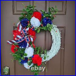 Patriotic Summer White Glitter Wreath, Star Battery Powered Lights, 4th Of July