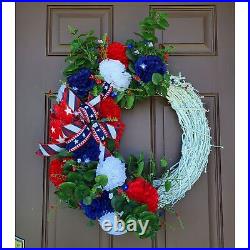 Patriotic Summer White Glitter Wreath, Star Battery Powered Lights, 4th Of July