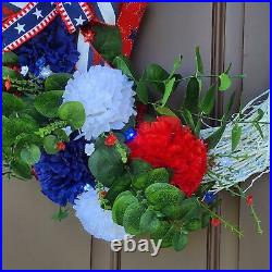 Patriotic Summer White Glitter Wreath, Star Battery Powered Lights, 4th Of July
