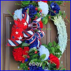 Patriotic Summer White Glitter Wreath, Star Battery Powered Lights, 4th Of July