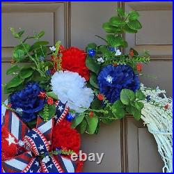 Patriotic Summer White Glitter Wreath, Star Battery Powered Lights, 4th Of July