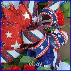 Patriotic Summer White Glitter Wreath, Star Battery Powered Lights, 4th Of July