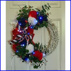 Patriotic Summer White Glitter Wreath, Star Battery Powered Lights, 4th Of July