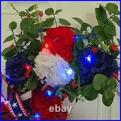 Patriotic Summer White Glitter Wreath, Star Battery Powered Lights, 4th Of July