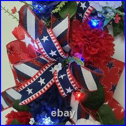 Patriotic Summer White Glitter Wreath, Star Battery Powered Lights, 4th Of July