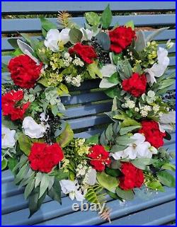Patriotic Summer Wreath, Red White & Blue Wreath, Red Geranium, Military