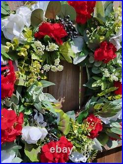 Patriotic Summer Wreath, Red White & Blue Wreath, Red Geranium, Military