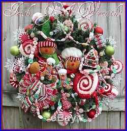 Peppermint Gingerbread Family Christmas Wreath, Sugared gumball candy LED lights
