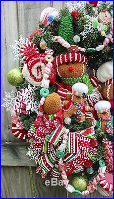 Peppermint Gingerbread Family Christmas Wreath, Sugared gumball candy LED lights