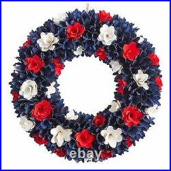 Pier1 21 Patriotic Americana Red, White And Blue Wood Curl Flowers Wreath Bnwt