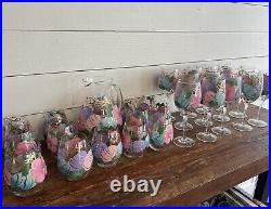 Pier1 27 Piece Glass Goblets, Cups, & Pitcher- Handpainted Spring Easter Eggs