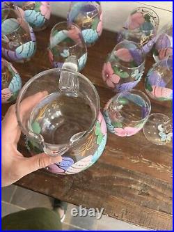 Pier1 27 Piece Glass Goblets, Cups, & Pitcher- Handpainted Spring Easter Eggs
