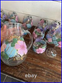Pier1 27 Piece Glass Goblets, Cups, & Pitcher- Handpainted Spring Easter Eggs