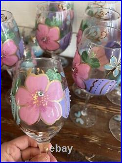 Pier1 27 Piece Glass Goblets, Cups, & Pitcher- Handpainted Spring Easter Eggs