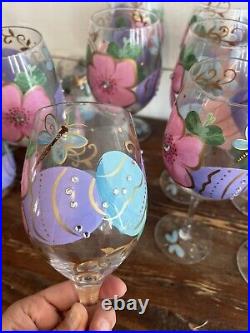 Pier1 27 Piece Glass Goblets, Cups, & Pitcher- Handpainted Spring Easter Eggs
