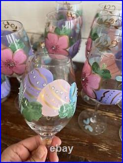 Pier1 27 Piece Glass Goblets, Cups, & Pitcher- Handpainted Spring Easter Eggs