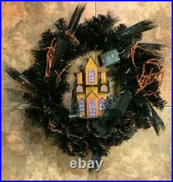 Pier 1 Imports LED Pre-Lit 20 Halloween Haunted Mansion House Wreath Black NWT
