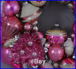 Pink Pastel Vintage Christmas Ball Ornament Wreath Shiny Brite Mercury Glass 16