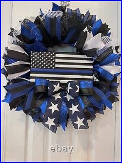 Police Wreath, Back the Blue Wreath, Law Enforcement, white, black & blue wreath